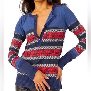 Free People To The Woods Blue, Navy & Red Striped Henley Sweater